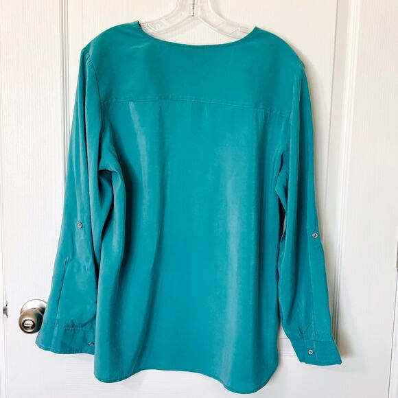 Chico's Wms Sz 1/Med Teal Tunic Top Roll Tab Sleeve  Quarter Zip Front Casual - Picture 2 of 8